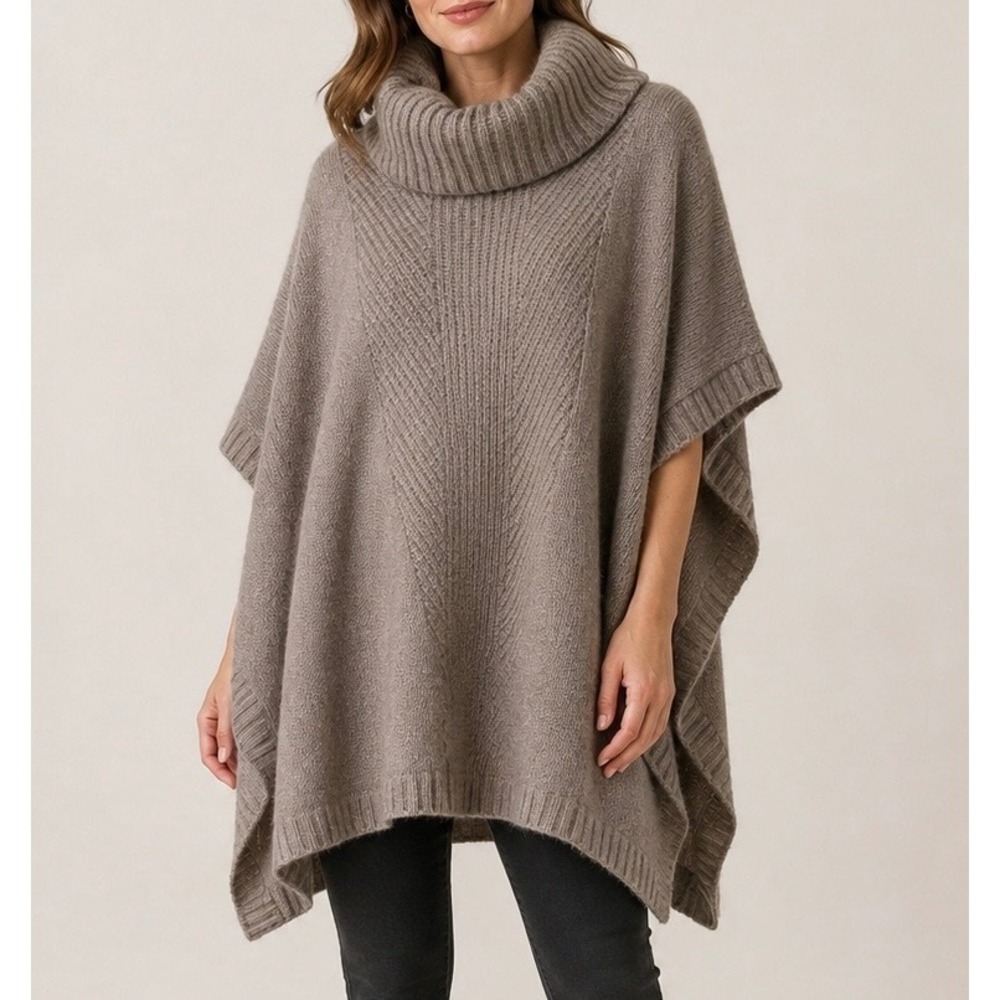Only Mine Poncho 100% Cashmere Cowl Neck Taupe Small Medium
